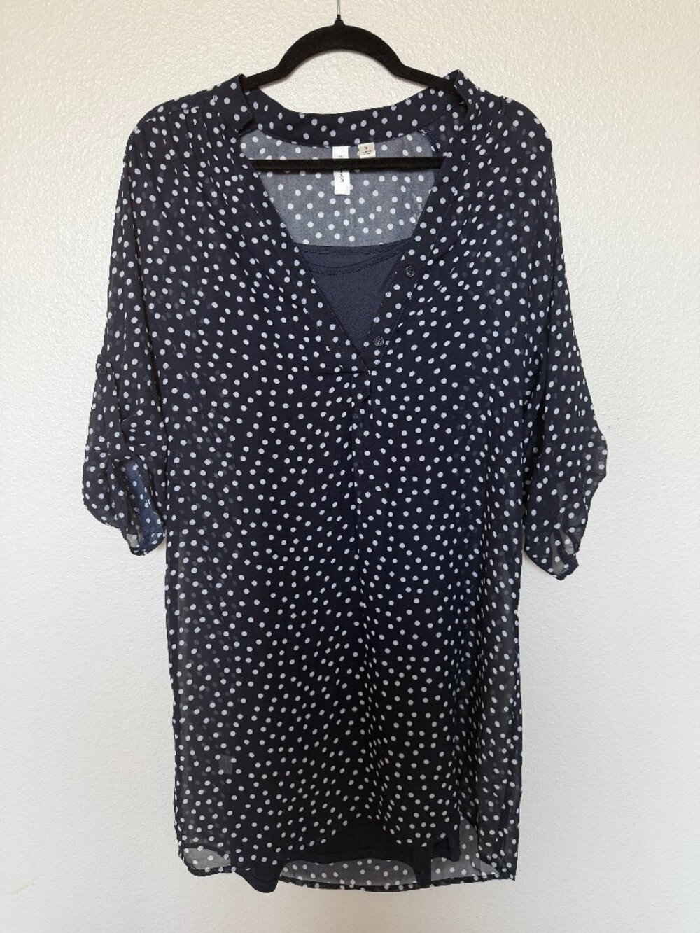 Tacera Navy Polka Dot Sheer Chiffon Shift Dress Preppy Vintage Sz S